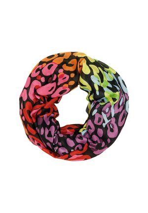 Buntgestreifter Infinity-Schal mit einem lebhaften Leopardenmuster in Pink, Orange und Grün auf schwarzem Hintergrund. Hergestellt aus leichtem Stoff.