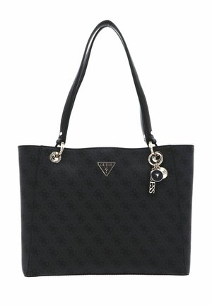 Sac fourre-tout noir en matériau texturé, arborant un motif de logo ton sur ton, deux longues poignées et des accents en métal argenté. Comprend des détails de charme.