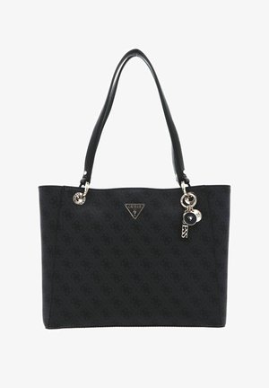 Sac fourre-tout noir en matériau texturé, arborant un motif de logo ton sur ton, deux longues poignées et des accents en métal argenté. Comprend des détails de charme.