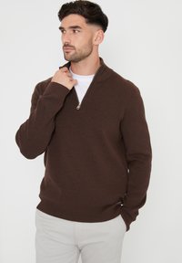 Brauner Zip-Kragen-Pullover aus gestricktem Material mit ribbeliger Saum- und Bündchenverarbeitung. Über einem weißen T-Shirt getragen, mit einem silbernen Reißverschluss-Detail.