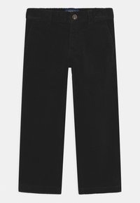Black corduroy pants with a straight cut, featuring a button closure, five pockets, and a ribbed texture.
