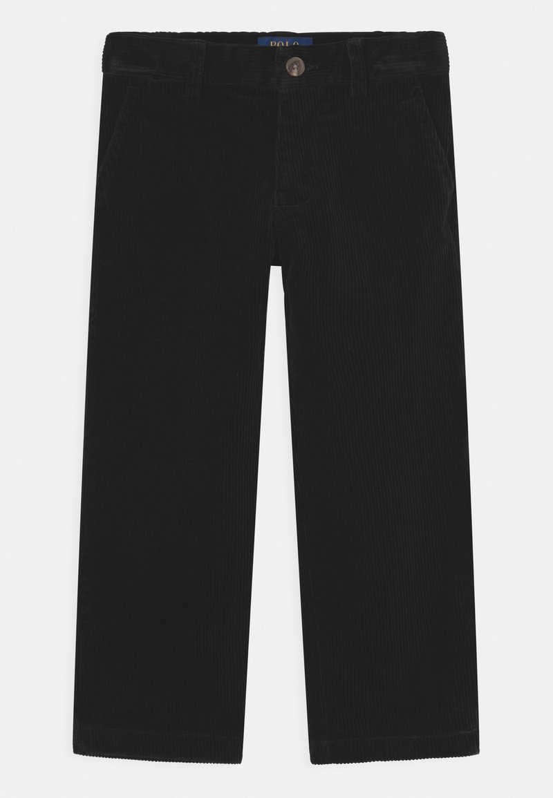 Black corduroy pants with a straight cut, featuring a button closure, five pockets, and a ribbed texture.