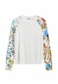Maglione bianco con un motivo floreale colorato sulle maniche, caratterizzato da fiori blu, rosa e arancioni. Collo e polsini a coste. Tessuto morbido.