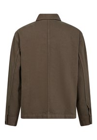 Afslappet brun jakke med krave, lange ærmer og knapmanchetter. Har en glat overflade og enkle bagsydsdetaljer.