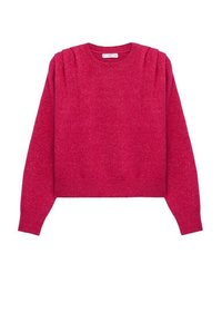 Pull rouge en maille avec encolure ronde, manches longues et détail plissé aux épaules. Texture douce et coupe courte.