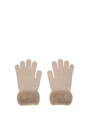 Beige gestrickte Handschuhe mit weichen, flauschigen Pelzmanschetten, entworfen für Wärme und Komfort bei kaltem Wetter.