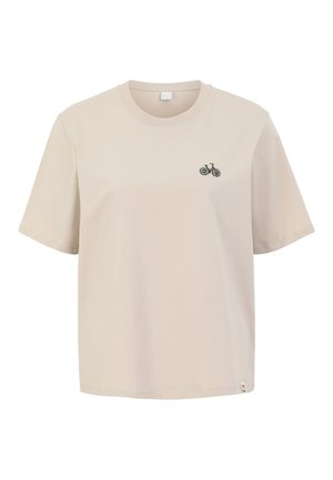 Beiges kurzärmliges T-Shirt mit kleiner schwarzer Fahrradgrafik mit Blumenrädern auf der linken Brust.