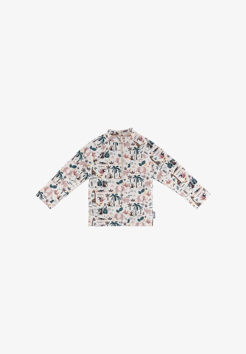 Langarmjacke mit einem hellpinkfarbigen Grundton, die mit bunten Mustern von Dschungeltieren und Pflanzen verziert ist, mit Reißverschluss und hohem Kragen.