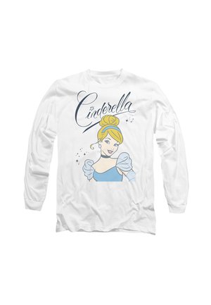 White long-sleeve shirt featuring a cartoon of Cinderella with blonde hair, a blue dress, and a bun, accented with stars and cursive text.