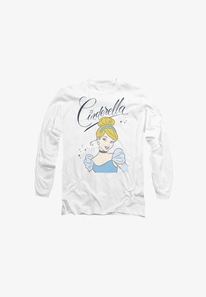 Weißes Langarmshirt mit einem Cartoon von Cinderella, die blonde Haare, ein blaues Kleid und einen Dutt hat, verziert mit Sternen und geschwungenem Text.