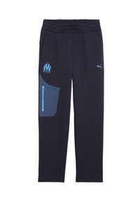 Marineblauwe sweatpants met een blauwe accentzak, een elastische tailleband, met het Marseille-logo en het Puma-logo in lichtblauw. Zachte stoftextuur.