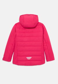 Ροζ παλτό με επένδυση και κουκούλα. Κατακόρυφος σχεδιασμός με ραφές, με λευκό λογότυπο και οριζόντιες ρίγες στην πλάτη, κοντά στο στρίφωμα.