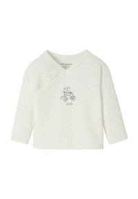 Weißes langärmeliges Wickeltop aus weichem Baumwollstoff, mit kleinen grauen Punkten und einem bedruckten Design eines Katers auf einem Fahrrad.