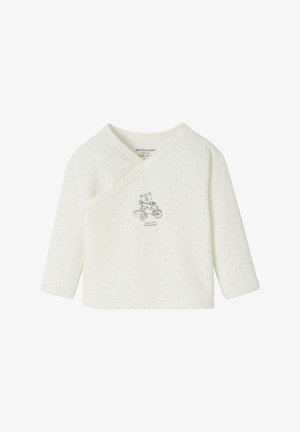 Weißes langärmeliges Wickeltop aus weichem Baumwollstoff, mit kleinen grauen Punkten und einem bedruckten Design eines Katers auf einem Fahrrad.