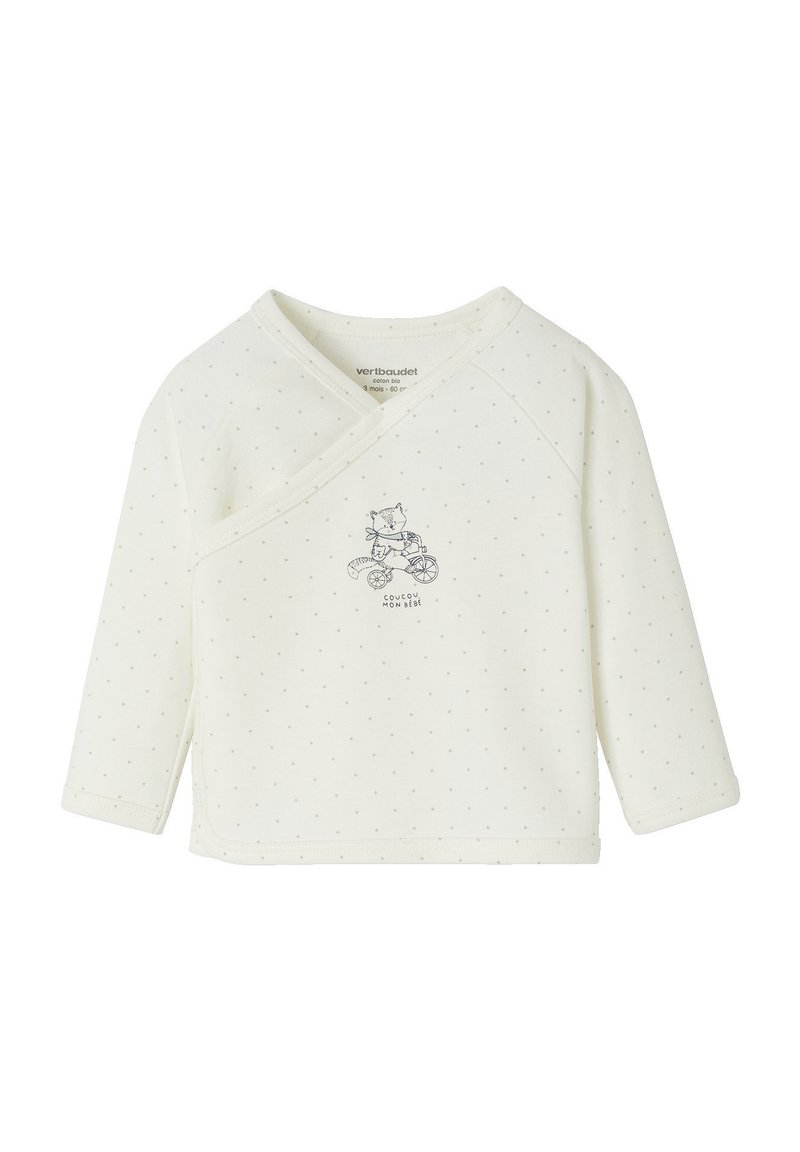 Weißes langärmeliges Wickeltop aus weichem Baumwollstoff, mit kleinen grauen Punkten und einem bedruckten Design eines Katers auf einem Fahrrad.