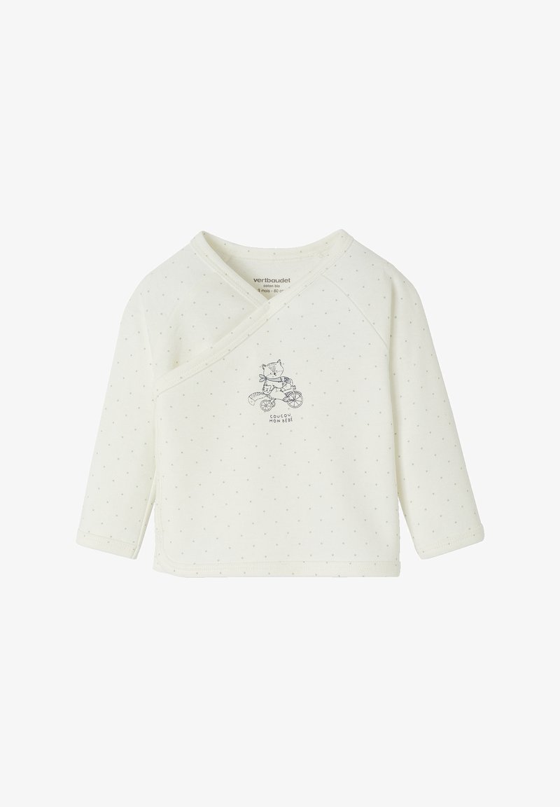 Weißes langärmeliges Wickeltop aus weichem Baumwollstoff, mit kleinen grauen Punkten und einem bedruckten Design eines Katers auf einem Fahrrad.