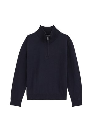 Pull bleu marine à manches longues avec col, poignets et ourlet côtelés, muni d'une fermeture éclair frontale à moitié.