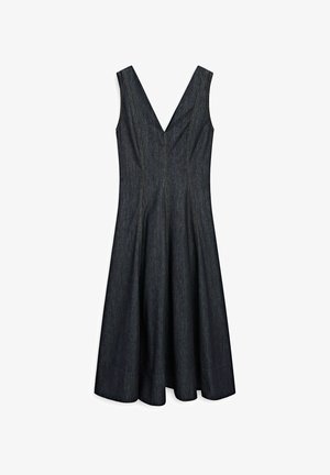 Denimové šaty s V výstřihem, přiléhavým korzetem, rozšířenou sukní a kontrastním žlutým prošíváním, v tmavé barvě a hladké textuře.