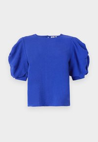 Short-sleeve blue top with textured puff sleeves, round neckline, and a discreet back zipper. Made from lightweight fabric with a smooth finish.