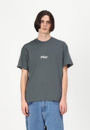Dark gray cotton t-shirt with a round neckline and short sleeves. Features a white graphic logo printed on the chest.