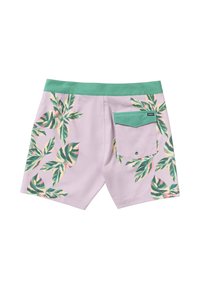 Lichtpaarse zwemshorts met groene bladerenpatronen, een groene boord en een achterzak met een flap en drukknopen.