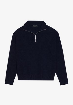 Pull en maille côtelée bleu marine avec col zippé à quart. Comprend des manches longues et une finition texturée. Coupe légèrement ample.