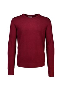 Czerwona bluza z okrągłym dekoltem, wykonana z miękkiej, dzianinowej tkaniny. Długie rękawy i ściągacze przy mankietach. Prosty design z małym logo w pobliżu dekoltu.