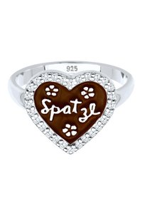 Silberner Ring mit herzförmigem braunem Emaillezentrum, graviert mit "Spatze", umgeben von kleinen klaren Steinen und einem floralen Muster.