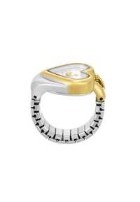 Heart-shaped watch with a gold-tone bezel, silver-tone bracelet, and a clear face displaying a minimalist design. Features a side crown.