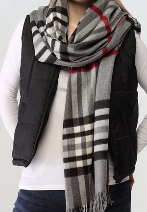 Personne portant un gilet noir matelassé par-dessus une chemise blanche à manches longues avec une écharpe à carreaux gris, noir, blanc et rouge enroulée autour du cou.
