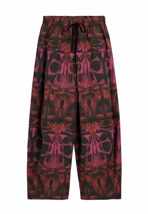 Pantaloni morbidi neri con un vivace motivo astratto in rosso e rosa. Vita elastica con coulisse per una vestibilità regolabile.