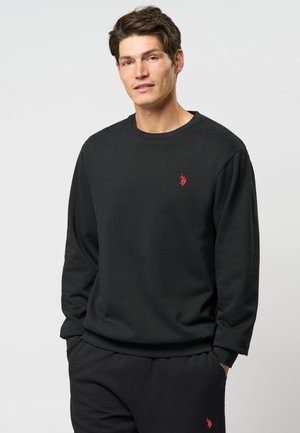Black sweatshirt made of cotton, featuring a crew neck and long sleeves. It has a small red logo on the chest. Smooth texture, relaxed fit.