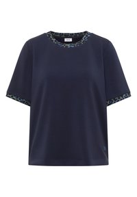 Chemise bleu marine à manches courtes avec bordure à imprimé léopard au niveau du col et des bords des manches, étiquetée "Cecil" à l'intérieur du col.