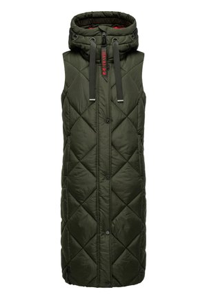 Gilet matelassé vert avec capuche, présentant un devant boutonné, des accents de cordon de serrage et des motifs de diamants diagonaux sur tout le tissu.