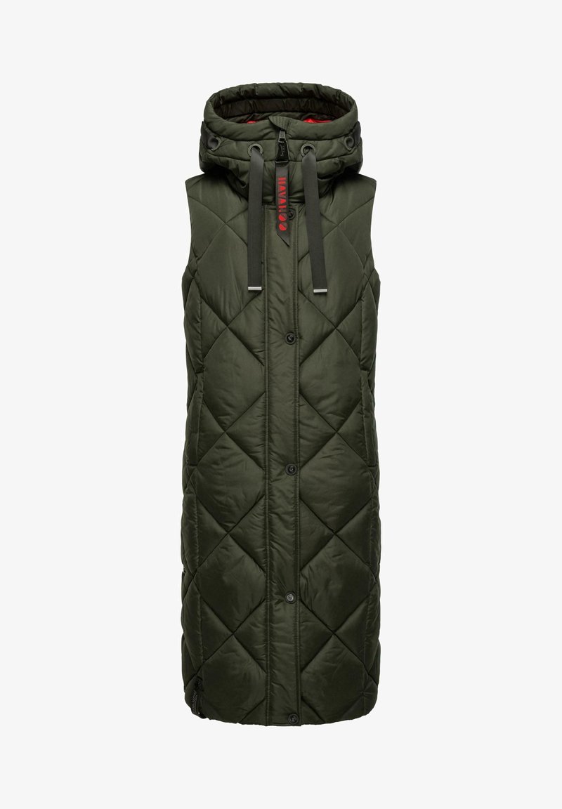 Grüne gesteppte Weste mit Kapuze, die eine knöpfbare Vorderseite, Kordelzug-Akzente und diagonale Rautenmuster im gesamten Stoff aufweist.