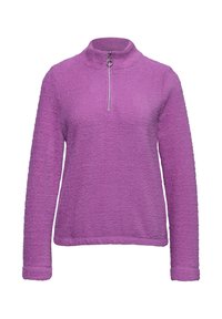 Fleece pullover i levende lilla, med høj krave og lynlås, lange ærmer og en blød, struktureret overflade.