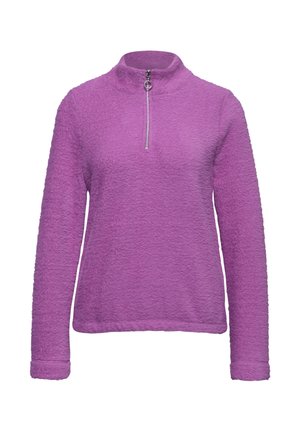 Fleece pullover värikkäässä purppurassa, jossa on korkea kaulus vetoketjulla, pitkät hihat ja pehmeä, teksturoitu pinta.