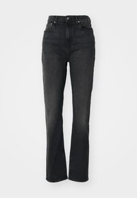 Høytlivte svarte denimjeans med rette ben, fem-lommers design, frontknapping og minimal sømdetalj.