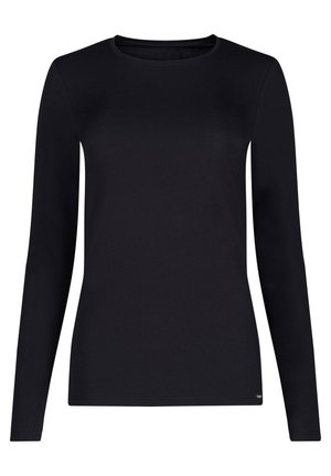 Μαύρο μπλουζάκι με μακριά μανίκια, φτιαγμένο από μαλακό και λείο βαμβάκι, με στρογγυλή λαιμόκοψη και εφαρμοστή γραμμή. Διαθέτει μια μικρή ετικέτα μάρκας κοντά στο τελείωμα.