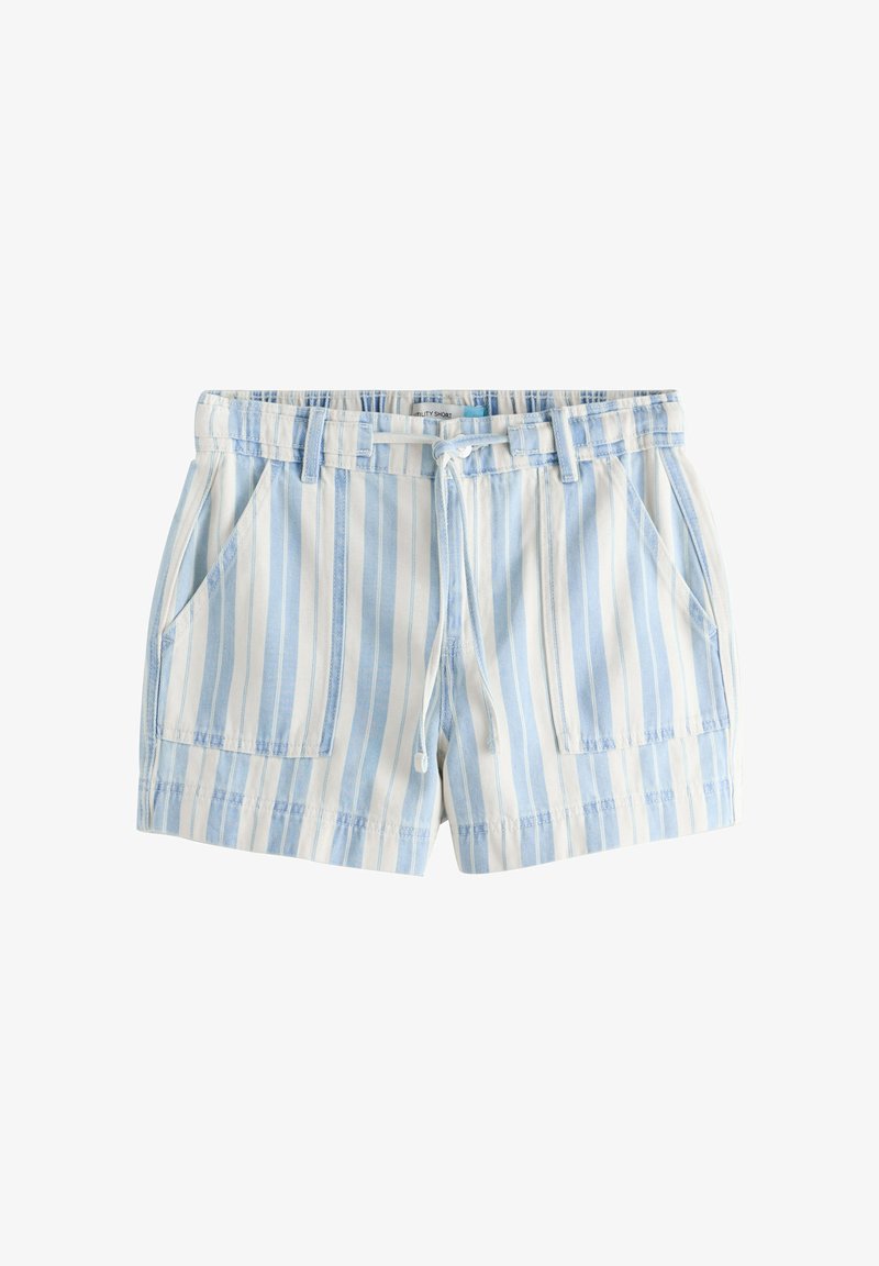 Shorts décontractés à rayures verticales bleu clair et blanc avec poches avant, passants pour ceinture et taille à cordon.