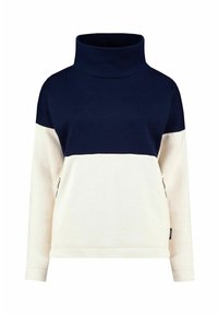 Marinblå och krämfärgad färgblockerad tröja med hög krage och långa ärmar, tillverkad av mjukt material, med sidodetaljer för extra stil.
