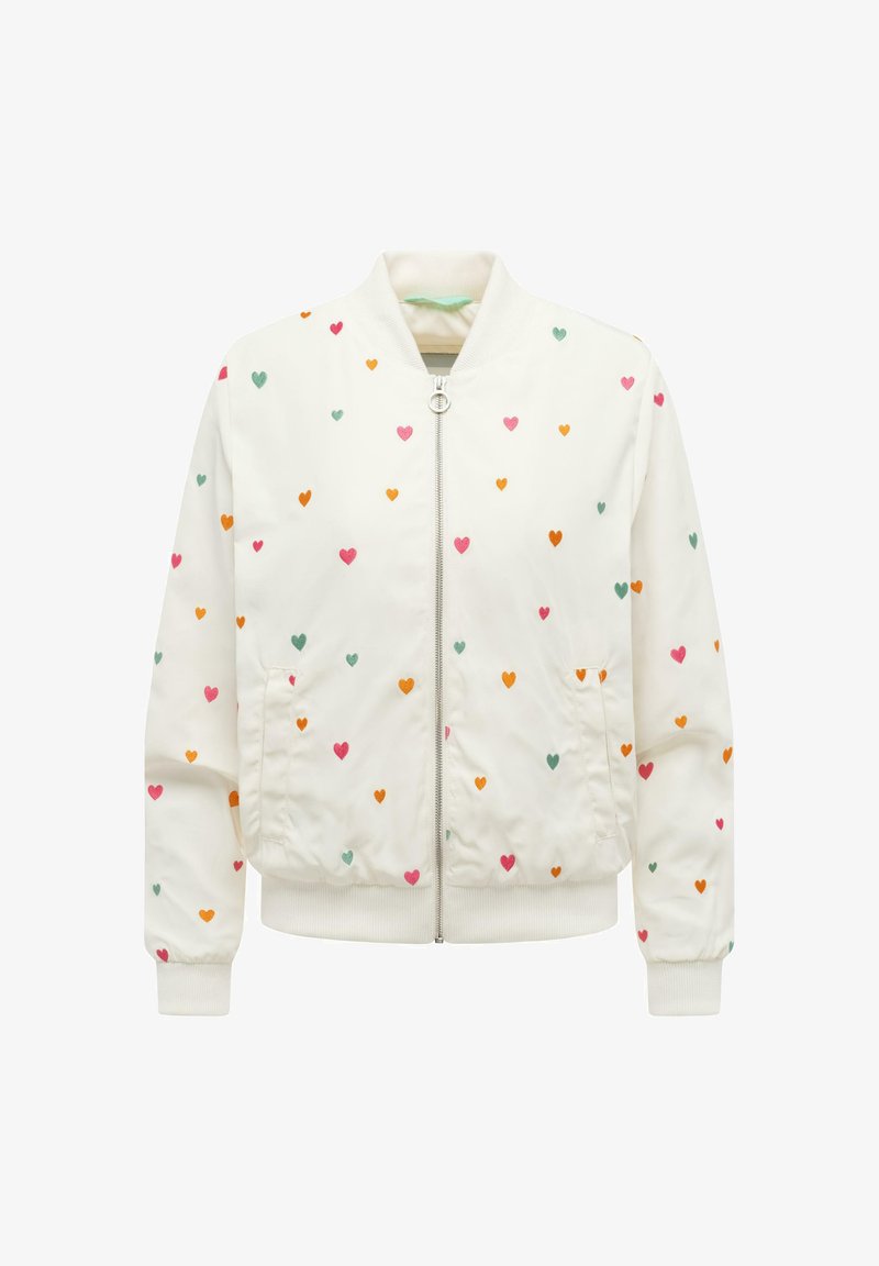 Veste bomber blanche zippée avec col et poignets côtelés, décorée de petits motifs de cœurs roses, orange et verts éparpillés.
