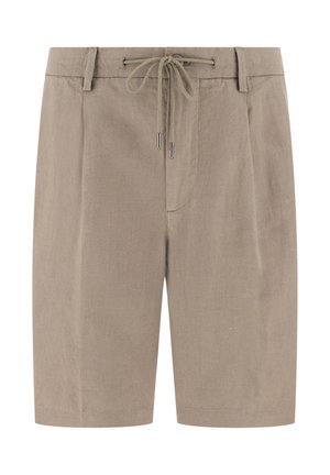 Shorts en lin beige avec passants pour ceinture, plis devant, et cordon de serrage à la taille, longueur au genou et style décontracté.