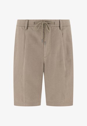 Pantalones cortos de lino beige con trabillas para el cinturón, pliegues delanteros y cordón ajustable en la cintura, de longitud hasta la rodilla y estilo casual.