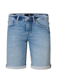 Pantalones cortos de mezclilla azul claro con dobladillos enrollados, que cuentan con cinco bolsillos y un cierre de botón. El material presenta una textura de mezclilla lisa y clásica.