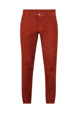Roestkleurige corduroybroek met een knoopsluiting, riemlussen en smal toelopende pijpen.