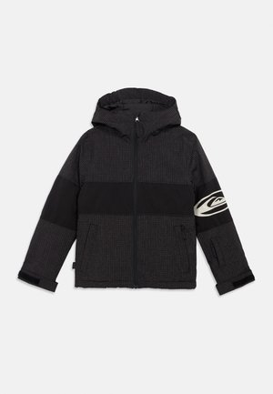 Black, hooded jacket with a checkered pattern and solid panels. Features a logo on the sleeve, zip closure, and two side pockets.