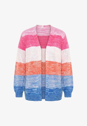 Cardigan tricoté ouvert devant avec manches longues à rayures horizontales roses, blanches, orange et bleues.