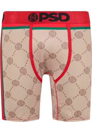 Boxer-briefs beige avec un motif géométrique tan, ceinture rouge avec le logo "PSD" et accents verts. Tissu lisse et extensible avec une coupe ajustée.