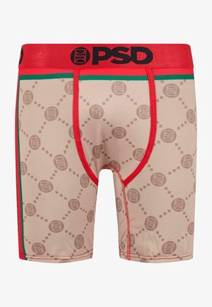 Boxer-briefs beige avec un motif géométrique tan, ceinture rouge avec le logo "PSD" et accents verts. Tissu lisse et extensible avec une coupe ajustée.
